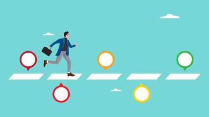 work progress milestone or step to success, career path with Timeline project planning, plan or strategy flowchart diagram, businessman running on career path with target milestone