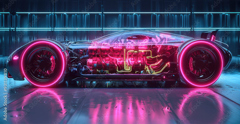 Poster an artistic interpretation of a hybrid supercar engine, with led lights outlining the integration of