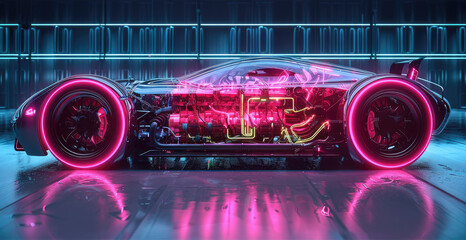 An artistic interpretation of a hybrid supercar engine, with LED lights outlining the integration of electric and combustion elements in striking colors like neon pink. Generative AI.