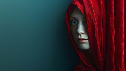 Naklejka premium woman hiding in curtains and revealing part of her face on blue background with copy space