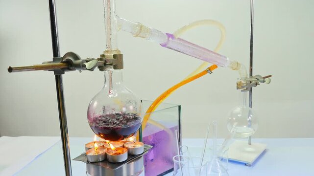 A close-up of a laboratory setup showcasing a chemical reaction in progress. The image captures a round-bottom flask heated by tealight candles, with vibrant purple and red liquids bubbling inside.