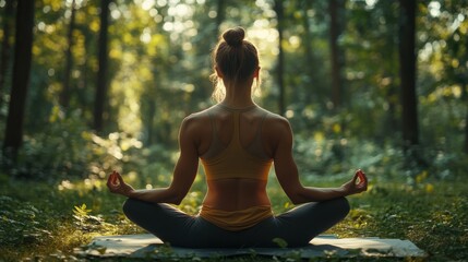 Woman in a yoga pose in a forest.
