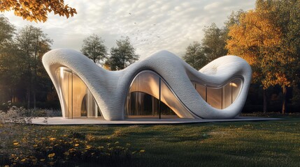 Modern White 3D Printed Structure in a Forest Setting