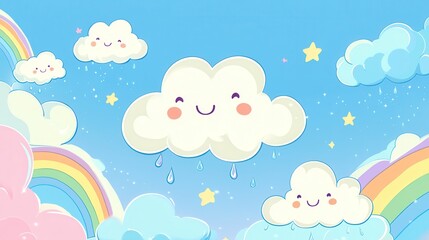 Obraz premium A cheerful illustration of clouds, rainbows, and stars in a bright blue sky.