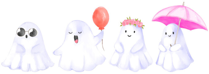 Watercolor painting halloween white ghost cartoon character