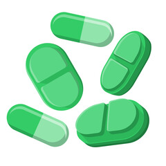 Medication concept with different pills, vector vitamin pills icon in 3D flat style Isolated on white background. Pharmacy, medical and healthcare concept illustration. Green Pills