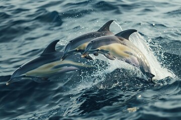 A pod of dolphins jumping out of the ocean, splashing water, clear blue sea, dynamic and lively

