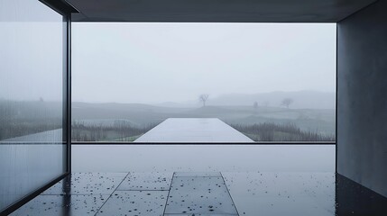 Minimalist Interior with Foggy Landscape View