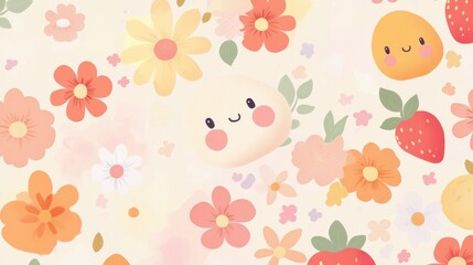 A cheerful pattern featuring cute fruits and flowers on a soft background.