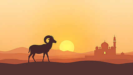 Fototapeta premium Minimalist Islamic design with ram and sunset Abstract Eid al-Adha ram illustration Modern Kurban Bayram greeting card