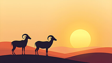 Fototapeta premium Minimalist Islamic design with ram and sunset Abstract Eid al-Adha ram illustration Modern Kurban Bayram greeting card