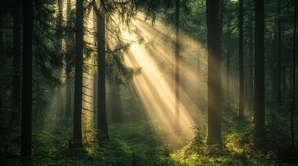 Sunbeams in a Foggy Forest