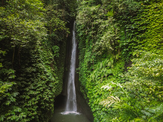 Aerial drone view of Leke leke waterfall in Tabanan, Bali, Indonesia