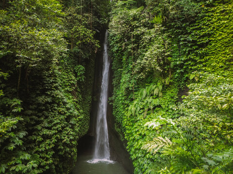 Aerial drone view of Leke leke waterfall in Tabanan, Bali, Indonesia