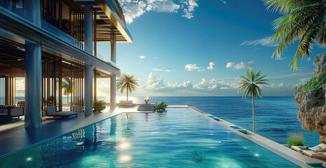 Obraz premium Tropical resort, luxury, overlook the sea. Generative AI.