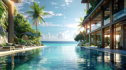 Tropical resort, luxury, overlook the sea. Generative AI.