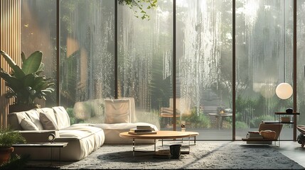 Modern Living Room with Large Windows and a View of a Rainy Day