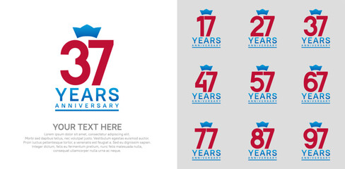 anniversary logotype set. red color and blue crown can be use for celebration event