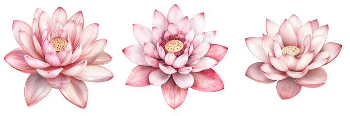 Obraz premium Three beautiful pink lotus flowers in full bloom, showcasing delicate petals and vibrant colors, perfect for nature-themed designs.