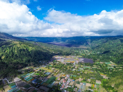 Aerial drone view of Pinggan village, a place to catch the best sunrise in Kintamani, Bali, Indonesia