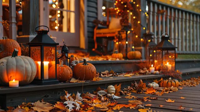 Cozy front porch decorated with pumpkins, candles, and autumn leaves, warmly lit in the evening for Halloween.

