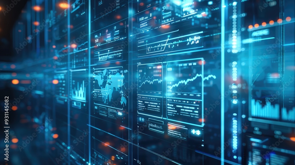 Poster A digital background featuring blue data visualizations and graphs on glass screens, with an abstract tech-inspired theme. Generative AI.
