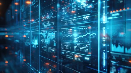 Fototapeta premium A digital background featuring blue data visualizations and graphs on glass screens, with an abstract tech-inspired theme. Generative AI.