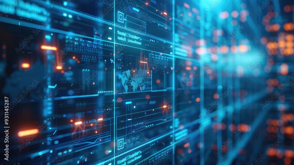 Poster A digital background featuring blue data visualizations and graphs on glass screens, with an abstract tech-inspired theme. Generative AI.