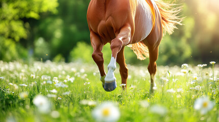 Obraz premium powerful horse legs galloping through a field, showcasing strength and speed in motion. The image captures the dynamic energy and grace of the animal in a natural setting