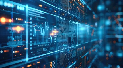 A digital background featuring blue data visualizations and graphs on glass screens, with an abstract tech-inspired theme. Generative AI.