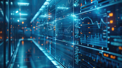 A digital background featuring blue data visualizations and graphs on glass screens, with an abstract tech-inspired theme. Generative AI.