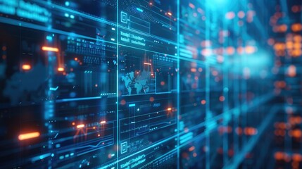 Obraz premium A digital background featuring blue data visualizations and graphs on glass screens, with an abstract tech-inspired theme. Generative AI.