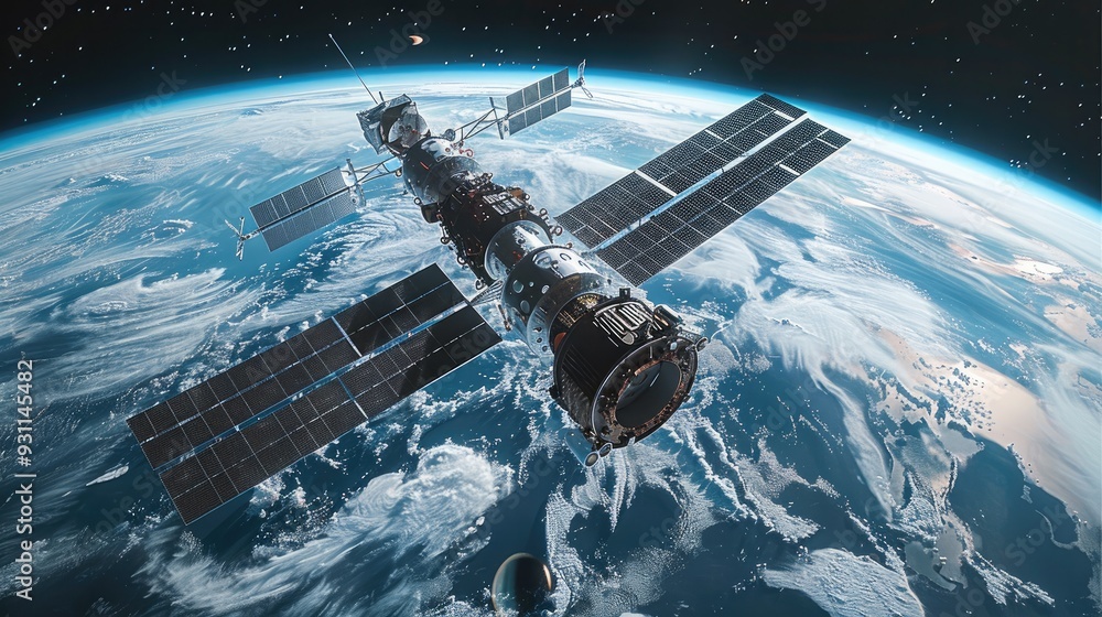 Aufkleber a satellite orbiting the earth. the satellite, with large solar panels extending from its sides, app