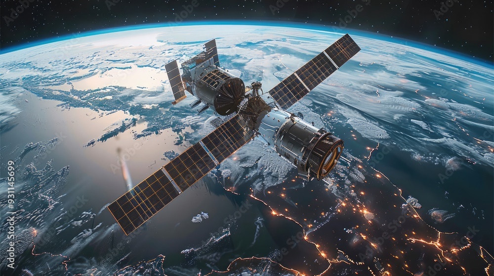Aufkleber a satellite orbiting the earth. the satellite, with large solar panels extending from its sides, app