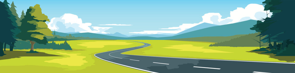 Curvy road on the meadow. Asphalt road leading to the destination ahead. Green fields surrounded by hills. Vector or Illustration transport and nature background for banner. © thongchainak