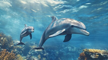 Obraz premium Dolphins swimming underwater with coral reef