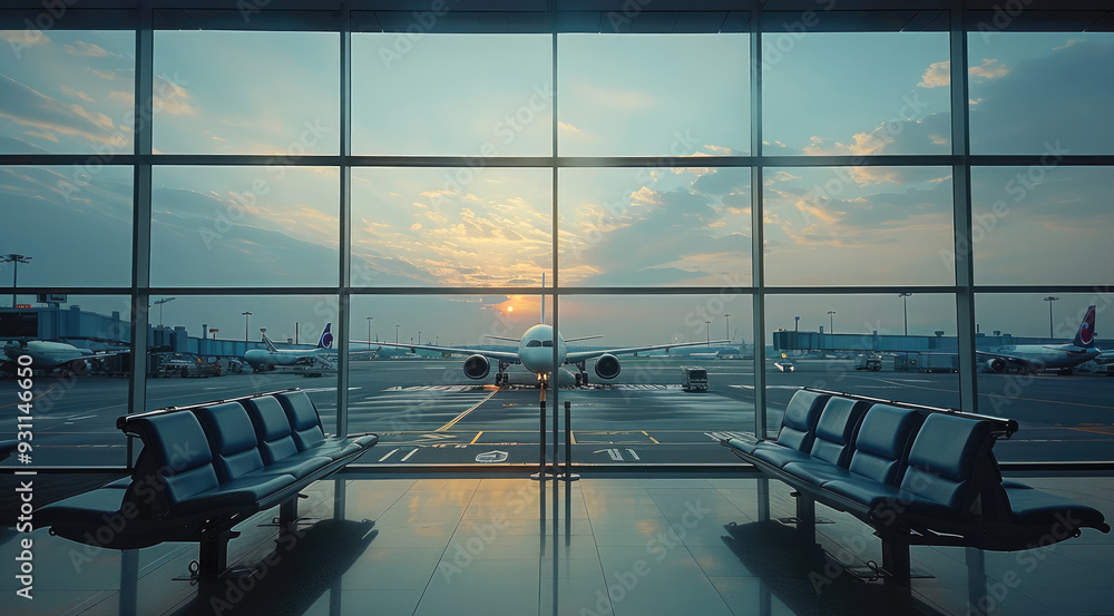 Poster airport terminal glass window with view of airplane. generative ai.
