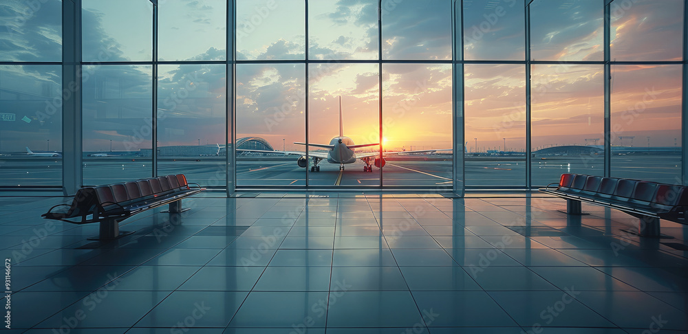 Poster airport terminal glass window with view of airplane. generative ai.