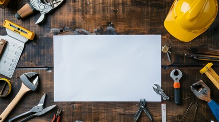 Blank paper with copy space and construction tools around on a work desk.