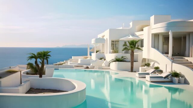 Swimming pool at luxury villa on Santorini island, Greece, Sea view, a luxury modern white beach hotel with a swimming pool