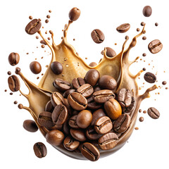 Obraz premium Dynamic Coffee Splash and Coffee Beans on White Background. Perfect for: Coffee Promotions, Café Ads, Dynamic Visuals