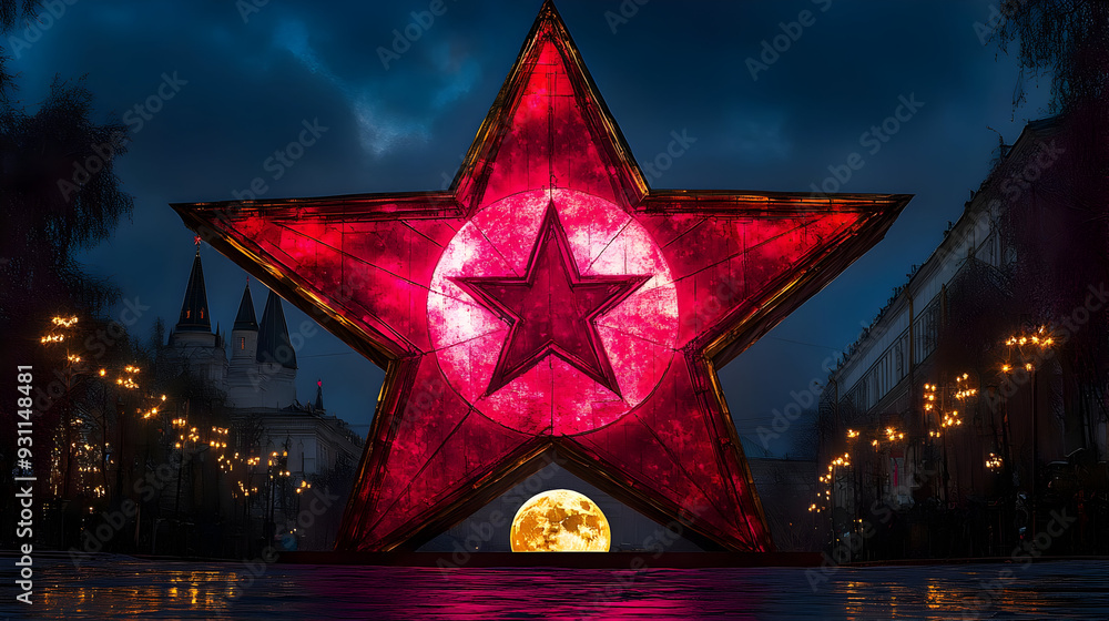 Poster a large illuminated star structure with a central symbol at dusk.
