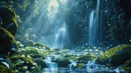 Obraz premium Ruins of ancient abandoned city overgrown with jasmine flowers in Cave in the forest with moss covered stones and fireflies and waterfall and blue glowing particles in the air. Generative AI.