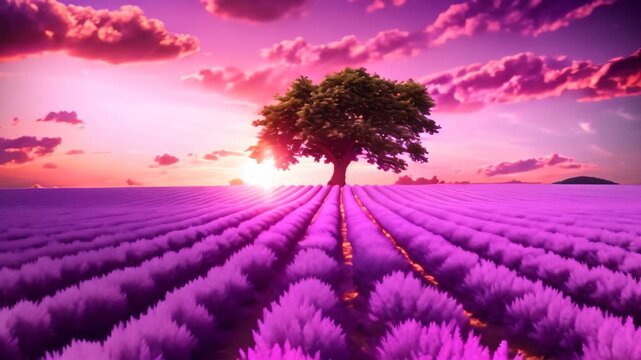 Lavender flower field with lonely tree at sunset, Provence, France, Stunning lavender field landscape at summer sunset with a single tree