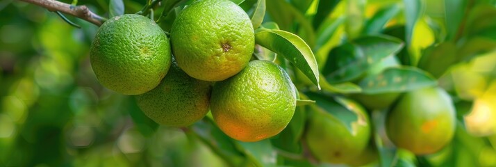 Lush green oranges suspended from a tree