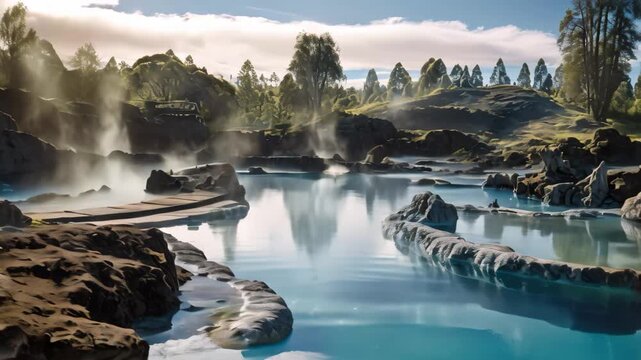 A rare hot spring peacefully sits in the center of a serene body of water, Te Puia thermal park, Rotorua town, New Zealand