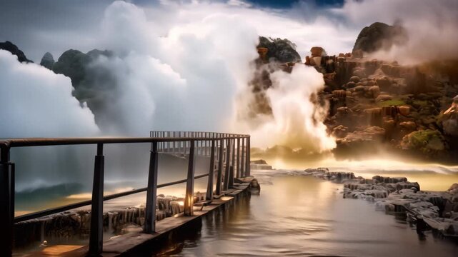 A boardwalk stretches towards a geyser pool, where steam billows from the water, creating a mesmerizing sight, Te Puia thermal park, Rotorua town, New Zealand