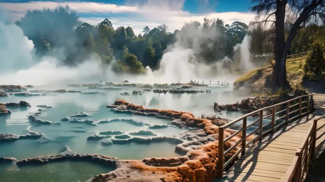 A peaceful boardwalk stretching towards a body of water, emitting mesmerizing steam, Te Puia thermal park, Rotorua town, New Zealand