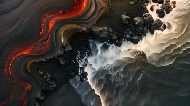 Witness the captivating sight of lava flowing into the ocean from above, The black sand beach in Iceland, Aerial view of the sea and top view