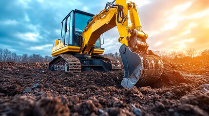 excavator bucket working against a dramatic sky, showcasing heavy machinery in action and emphasizing the power and precision of construction equipment